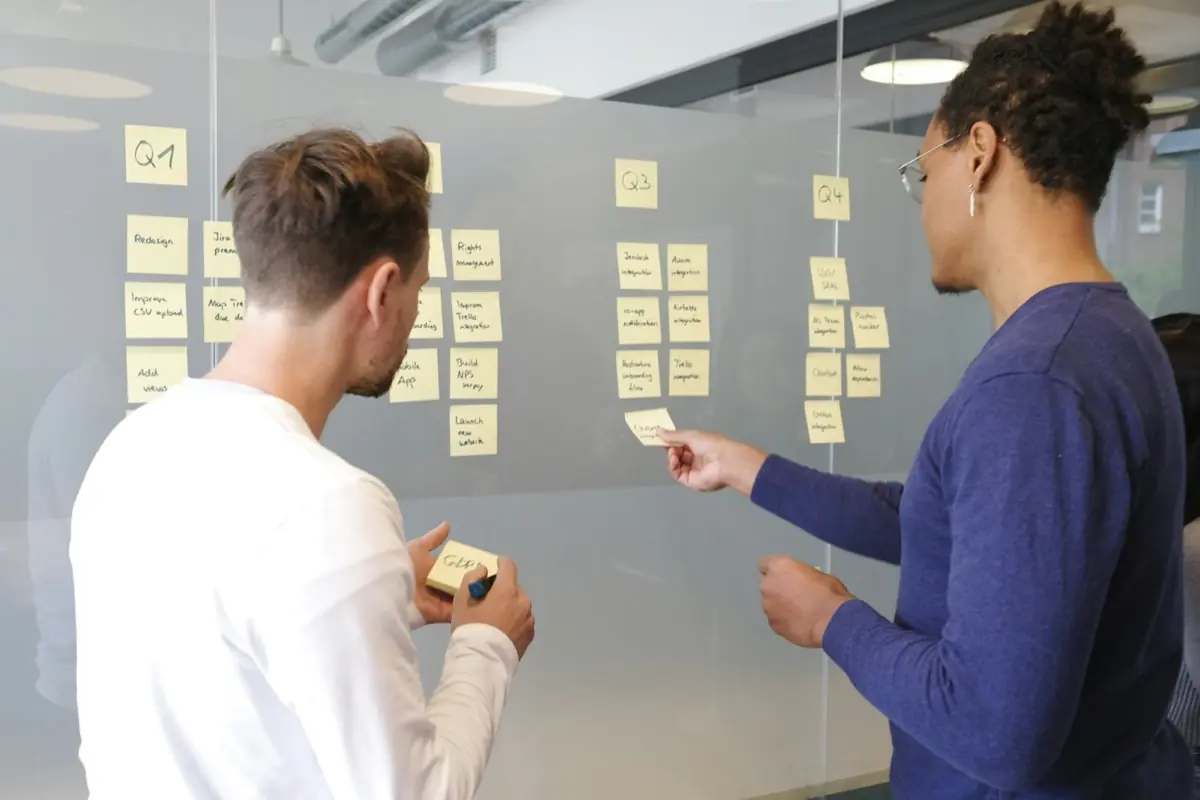 A project plan laid out on sticky notes