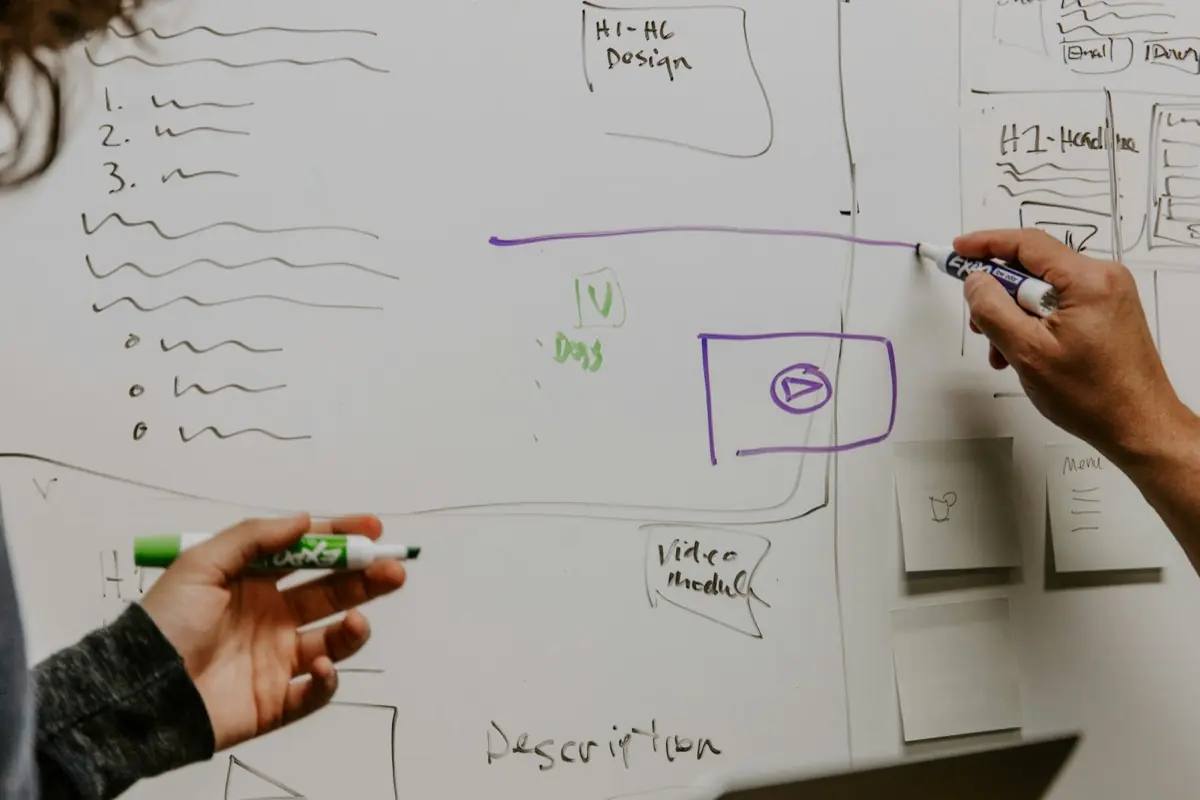 Two engineers sketching a design on a whiteboard